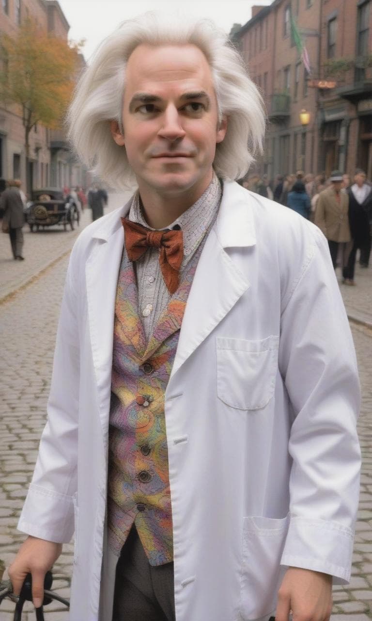 A generated image of the same person as Doc Brown, with white hair and a lab coat on a cobblestone street