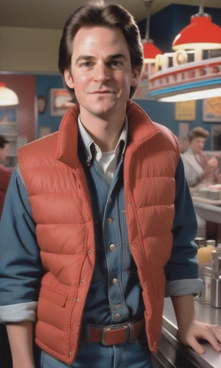 A generated image of the same person as Marty McFly, in a red puffer vest in a diner