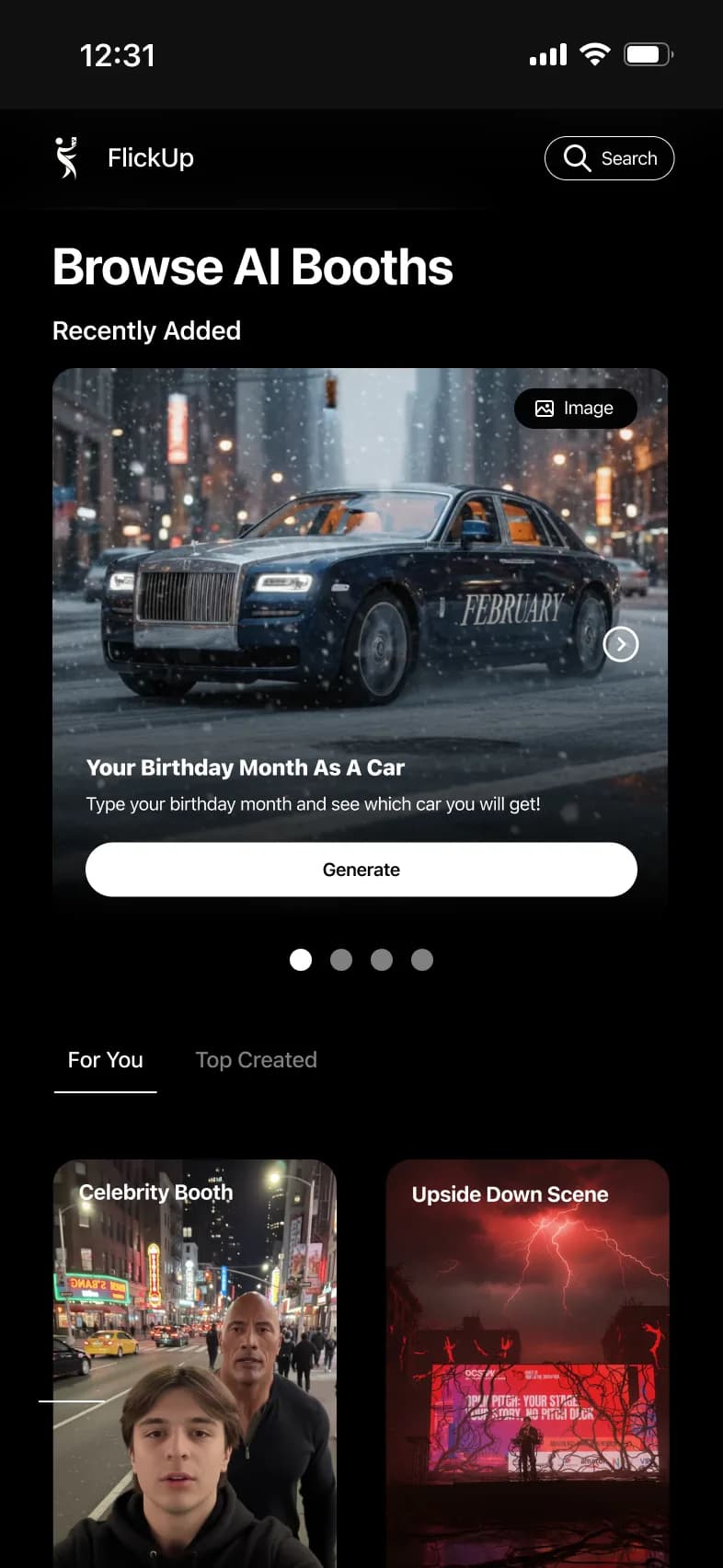 The FlickUp app home screen, Browse AI Booths, with a featured booth and a For You grid