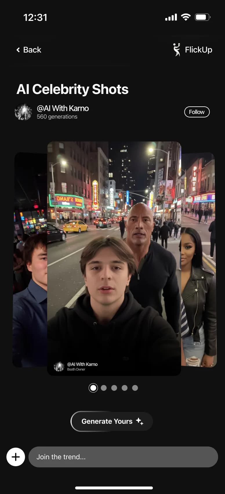 A creator's AI Celebrity Shots booth in the FlickUp app, showing 560 generations and a Generate Yours button