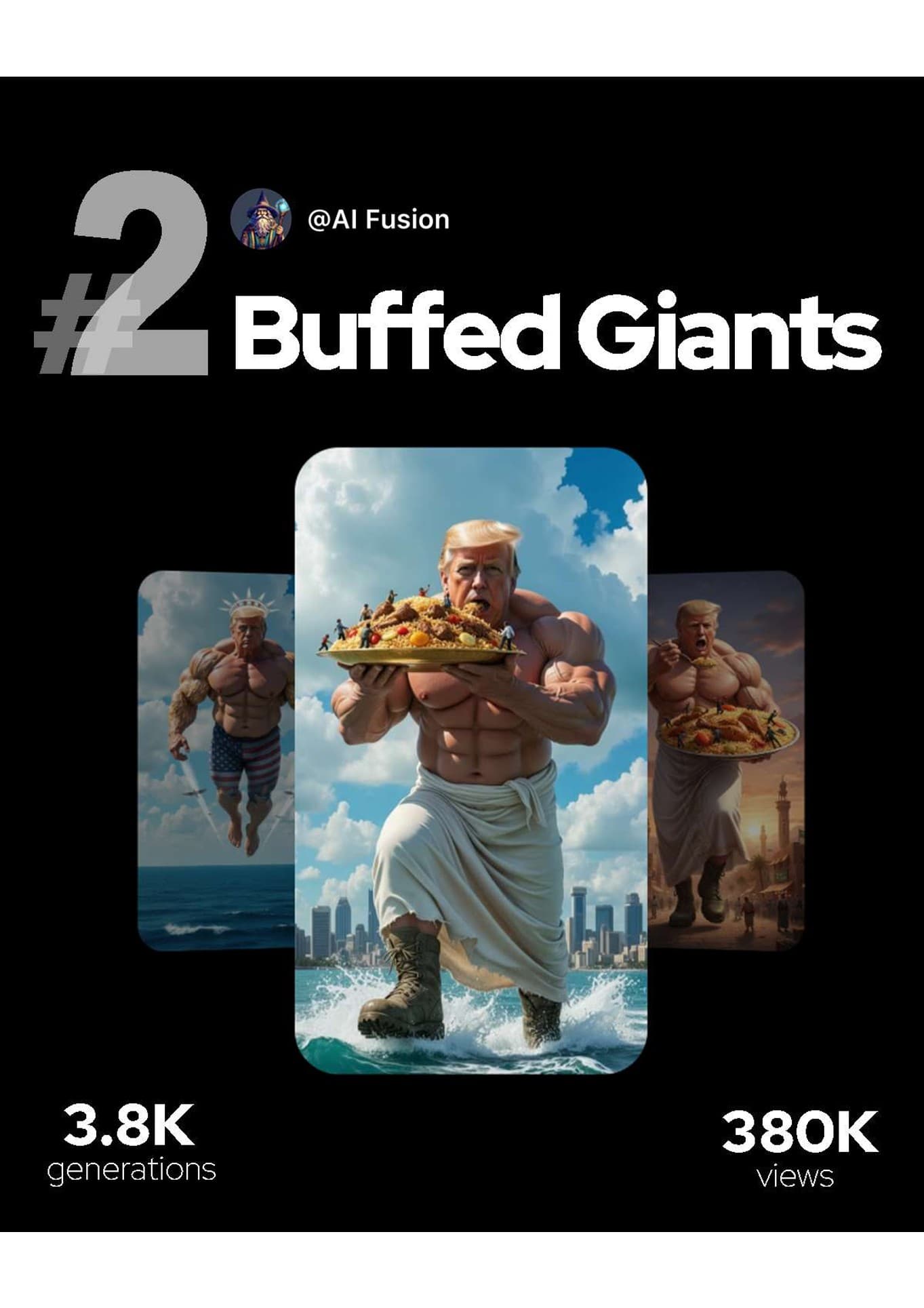 The number two FlickUp booth, Buffed Giants by @AI Fusion, with 3.8K generations and 380K views