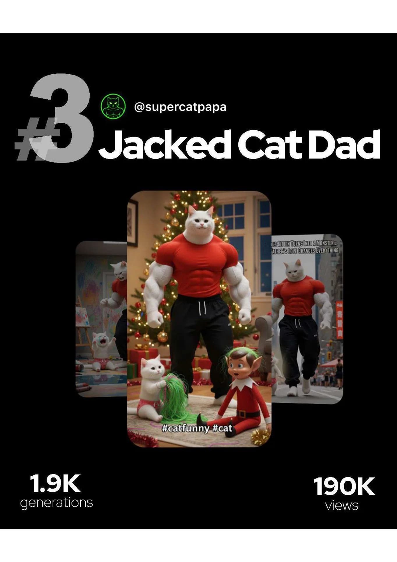 The number three FlickUp booth, Jacked Cat Dad by @supercatpapa, with 1.9K generations and 190K views