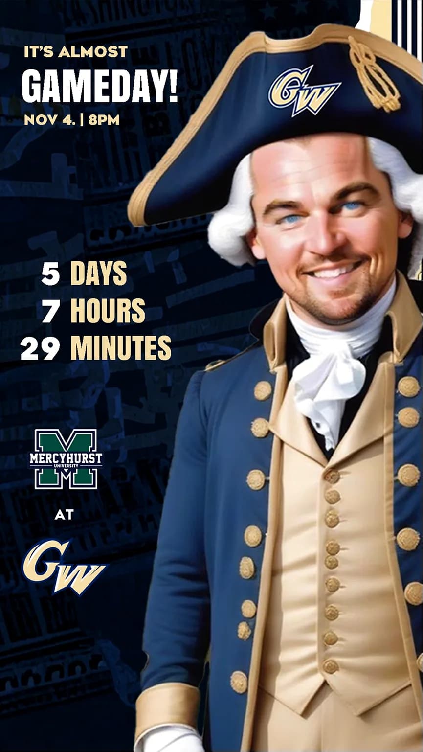 A generated gameday countdown image of a student as George Washington, for Mercyhurst at GW